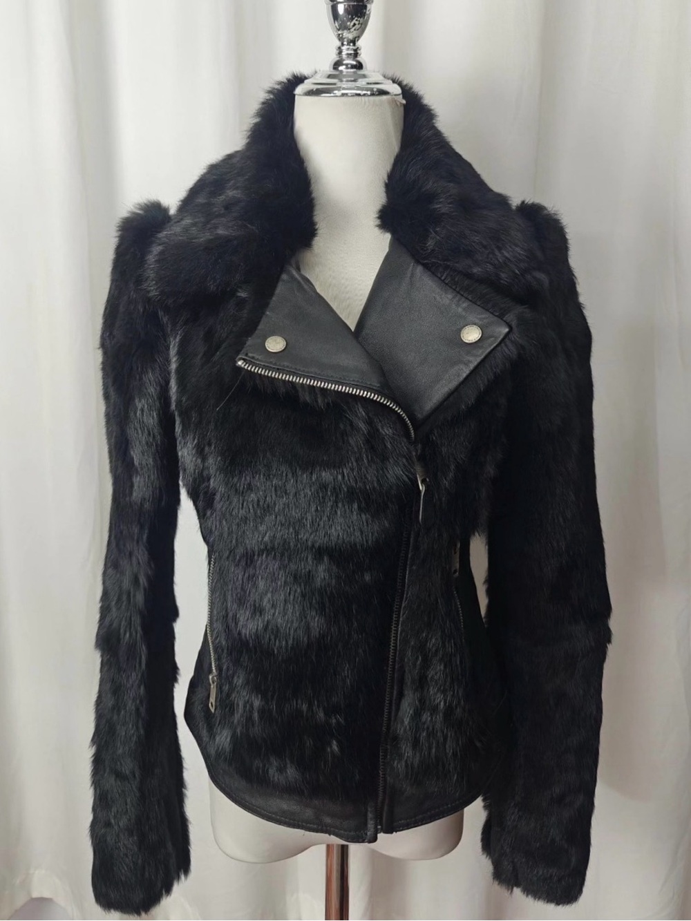 ONLY True Streetwear Black Rabbit Fur & Lamb Leather Moto Jacket XS